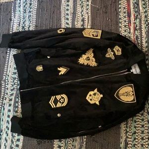 Patched Embroidered Suede Bomber Jacket